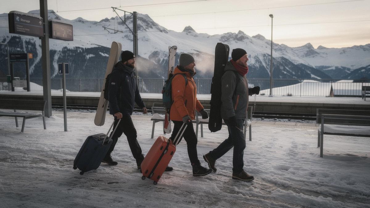Skiers carrying ski bags and luggage at a mountain resort station