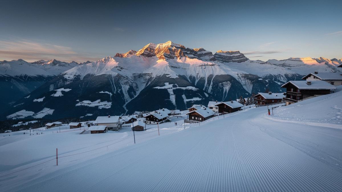Snow-covered alpine ridge above a resort at first light