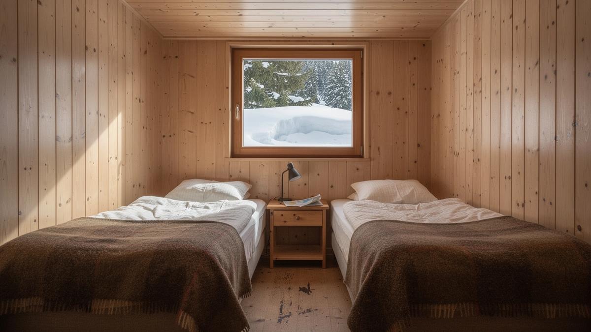 Wooden chalet room with twin beds and a snow-covered window in an Alpine resort